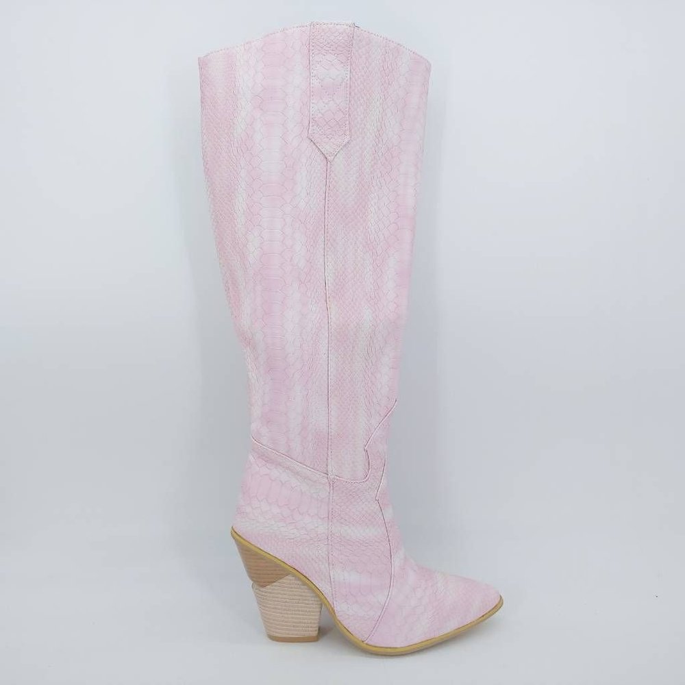 Western Cowboy Boots Womens Pink Tie Dye Croc Emboss Knee High Split Heel 41